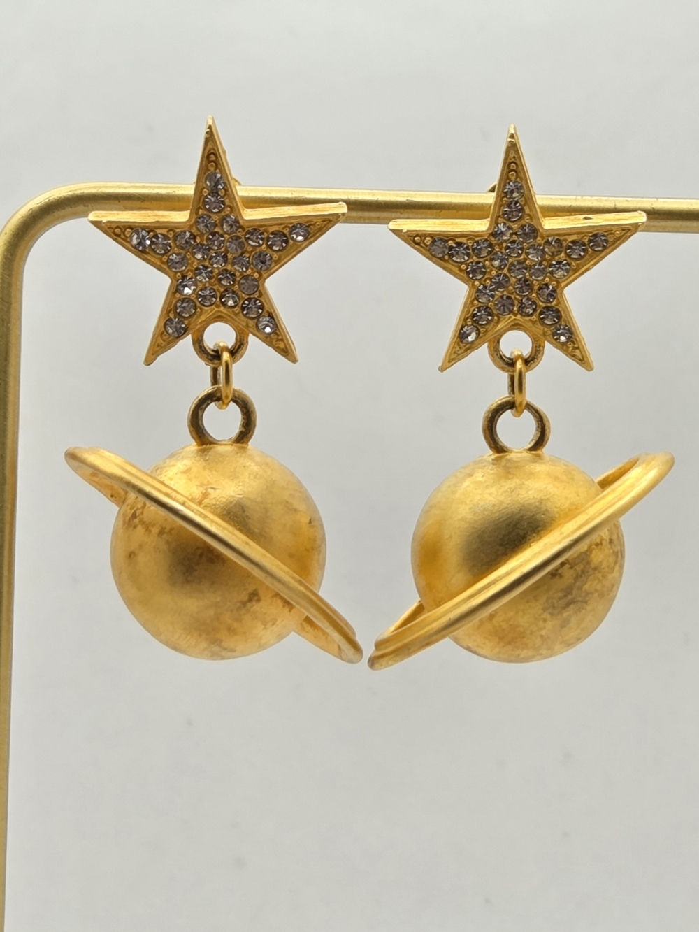 Celestial Gold Tone Saturn Planet Dangle Earrings Rhinestone Star Posts